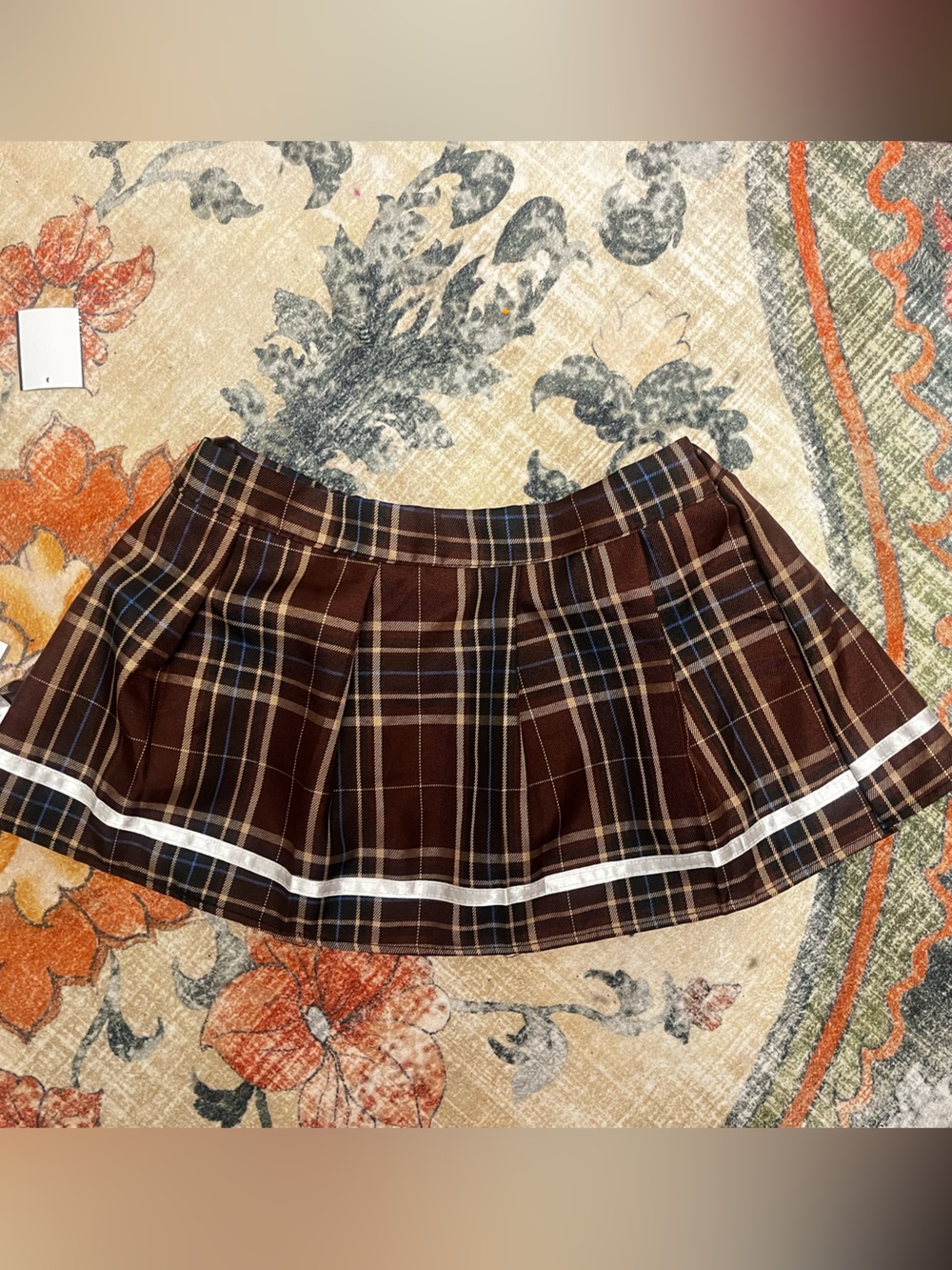 Brown Plaid Pleated Mini Skirt with White Trim